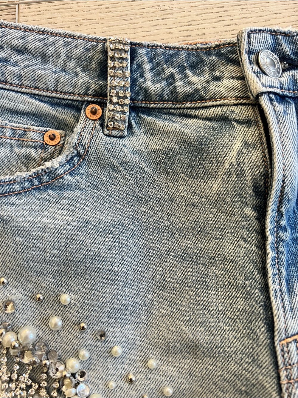 American Eagle Hand-Embellished Rhinestone Pearl Fringe Denim Festival Shorts - Picture 4 of 17